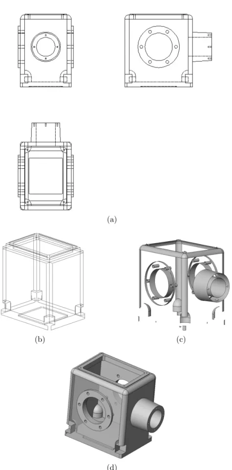 Fig. 11. Cuboid hull: (a) three orthographic views, (b) incomplete wire-frame, (c)
