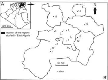 Figure 1: Map of the regions and sites from which  samples were collected. A: Map of Algeria showing the  location of the study area, B: Study area, the site  numbers are reported in the Table 1