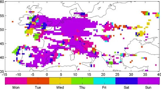 Fig. 8. Day of week with minimum TVCD (see Fig. 6b) for Europe. Over most regions, the minimum occurs on Sunday