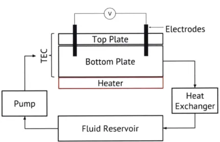 Figure  3-4:  A  schematic  of the  experimental  setup.  Electrolyte  gets  pumped  to  the  fTEC  cell  by a  peristaltic  pump,  the  heater  heats  the  electrolyte  which  consequently  reacts  at  the  electrode surfaces,  generating  a voltage