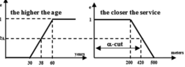 Fig. 2. Maximum acceptable walking distance according to the rule the higher the age the closer the service.