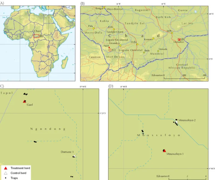 Figure  1.    Study  sites  for  impact  assessment  of  footbath  insecticide  treatment  on  tsetse  apparent density  in  Chad