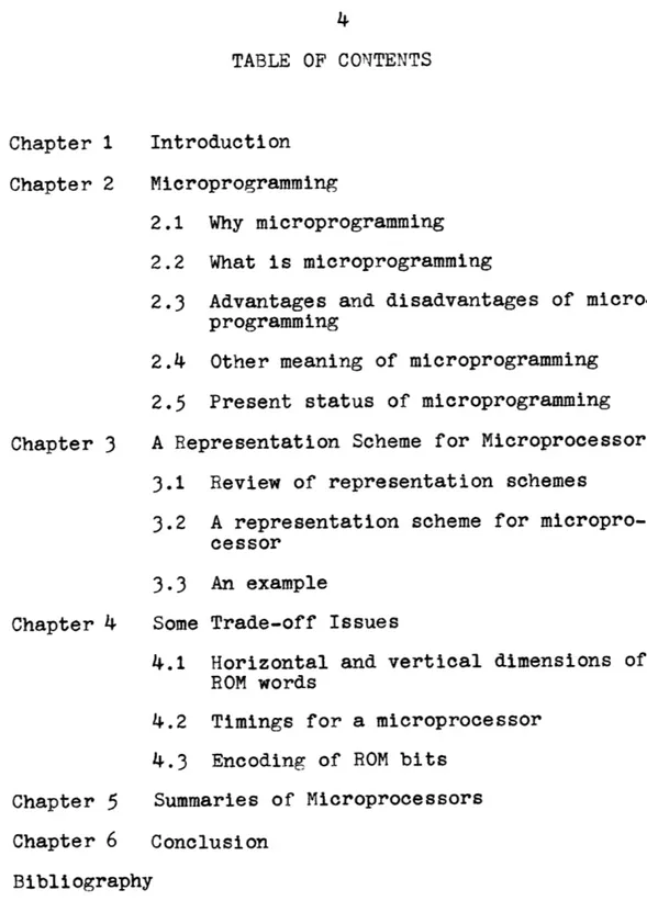 TABLE  OF  CONTENTS Chapter 1 Chapter 2 Chapter 3 Chapter 4 Chapter  5 Introduction Microprogramming 2.1  Why microprogramming 2.2  What  is  microprogramming
