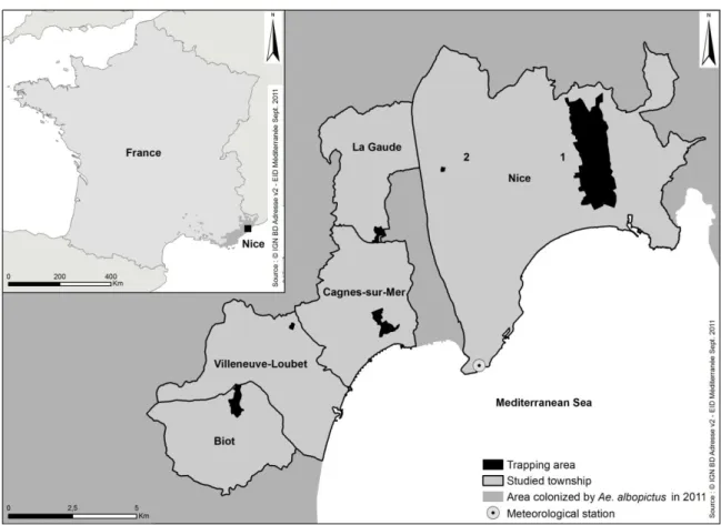 Figure  1.  Study  area  including  the  municipalities  of  Nice,  La  Gaude,  Cagnes-sur-Mer,  Villeneuve-Loubet,  and  Biot