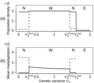 Figure 1: Population density ˆ N i (panel (a)) and mean maladaptation ˆ G ¯ i (panel (b)) measured before selection at the evolutionary equilibrium as a function of the fixed genetic variance V g for the secondary contact scenario