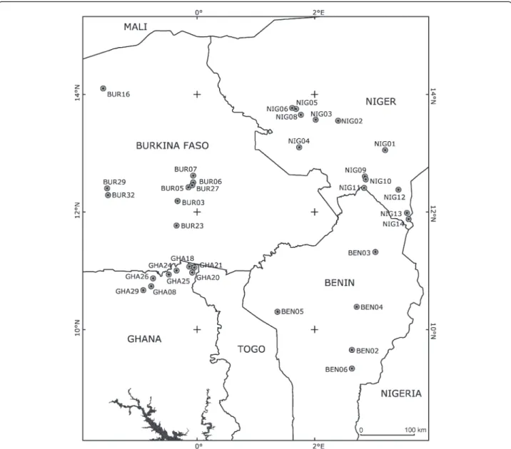 Figure 1 Geographical locations of the 35 sampling sites reported in Table 1. All locations correspond to wild cowpea populations, excepted BEN05, BUR03, GHA26, NIG04, NIG10, NIG12, and NIG13 where wild and domesticated populations were sampled.