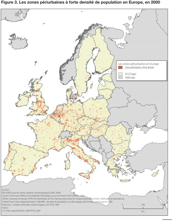 Figure 3. Les zones périurbaines à forte densité de population en Europe, en 2000