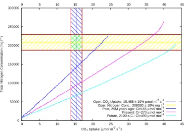 Fig. 4. CO 2 uptake and protein-nitrogen concentration trade-off. Maximizing the CO 2 uptake while minimizing the total amount of protein-nitrogen concentration; the operative area of natural leaves is located in the checked area.