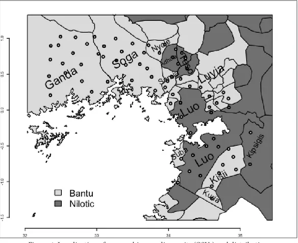 Figure 1. Localization of geographic sampling units (GSUs) and distribution   of ethnolinguistic groups around Lake Victoria in western Kenya and eastern Uganda