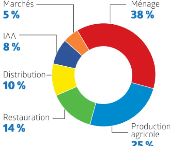 FIGURE 2. PART DU GASPILLAGE ALIMENTAIRE PAR  SECTEUR Ménage 38 % Production agricole 25 %Restauration14 %Distribution10 %IAA8 %Marchés5 %