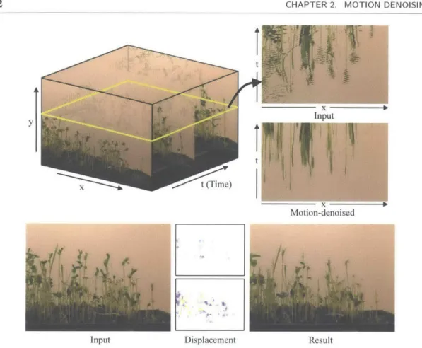 Figure 2.1:  A  time-lapse  video of plants  growing  (sprouts). XT  slices  of the  video  volumes  are  shown for  the  input  sequence  and  for  the  result  of  our  motion  denoising  algorithm  (top  right)