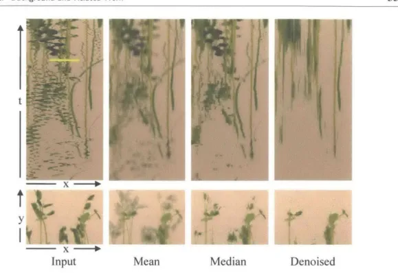 Figure  2.3:  Comparison  of  motion  denoising  with  simple  temporal  filtering  on  the  plants  sequence of  Figure  2.1