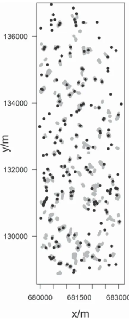 Figure  2  The  sites  with  measurements  of  clay  content  (black  dots)  and  the bare soil fields with estimations of clay content from the HYMAP data  (grey areas)