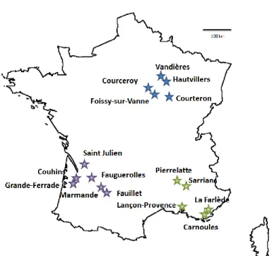 Figure  1:  Map  of  Botrytis  cinerea  populations  collected  from  three  French  regions  on  various  host plants and in various cropping conditions, on four dates between 2005 and 2007