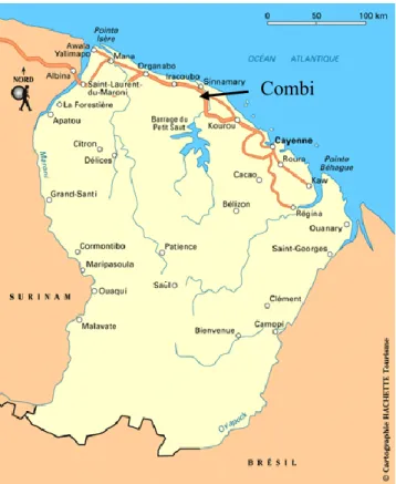 Figure 10. Carte de la Guyane (www.routard.com) et localisation du site expérimental de Combi