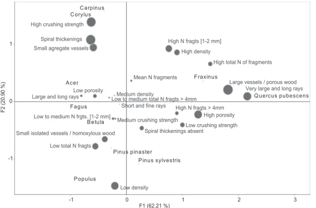 Fig. 9. Multiple Correspondence Analysis (symmetric graph): mechanical properties/ wood anatomy.
