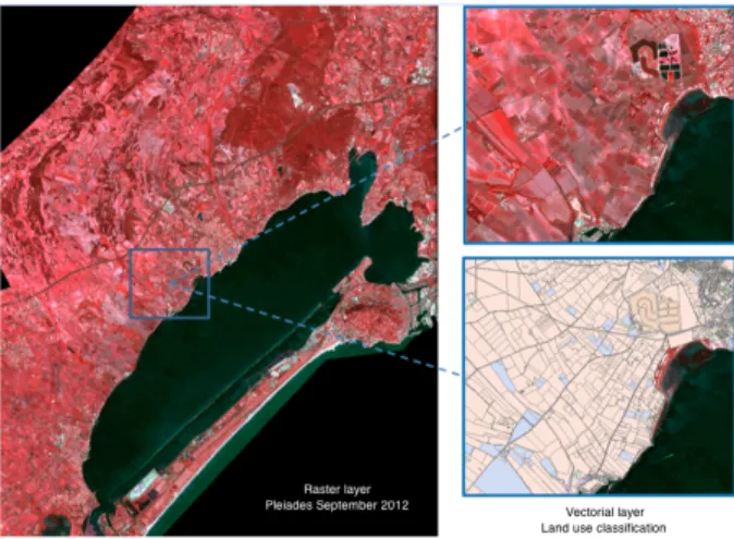 Figure 1: Mosaic images Pleiades around the Thau basin, images on the right represent the superposition of a vector classification on the raster file.