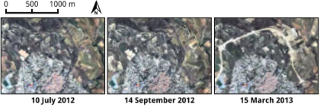 Figure 3: Visible color composite of the three Pleiades images showing the construction of a bypass north of Villeveyrac (France).