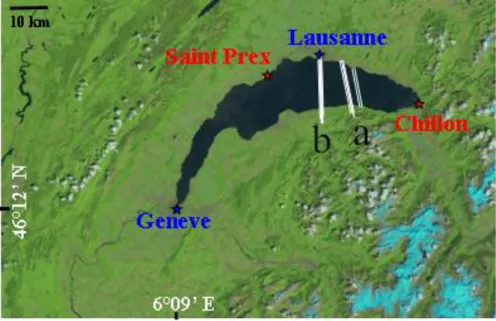 Figure  1.  The  Ice,  Cloud  and  Land  Elevation  Satellite  (ICESat)  tracks  through  Lake  Leman
