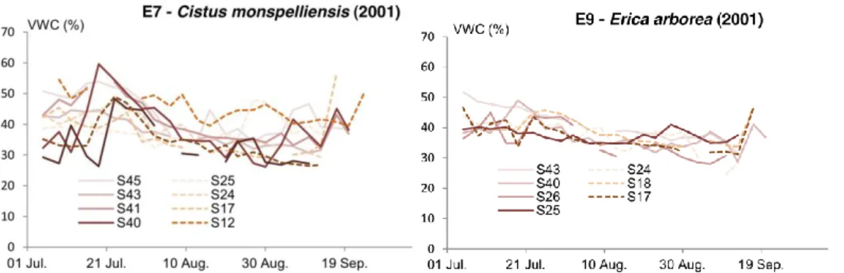 Figure 4. Vegetation water content in 2001 of the two mostly encountered species: Cistus  monspelliensis (left) and Erica arborea (right) (CFM, 2012)  