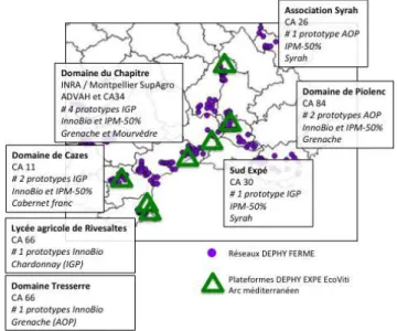 Figure 2 : Réseau DEPHY EXPE EcoViti Arc méditerranéen de 2012 à 2017, et sa proximité avec les réseaux  DEPHY FERME