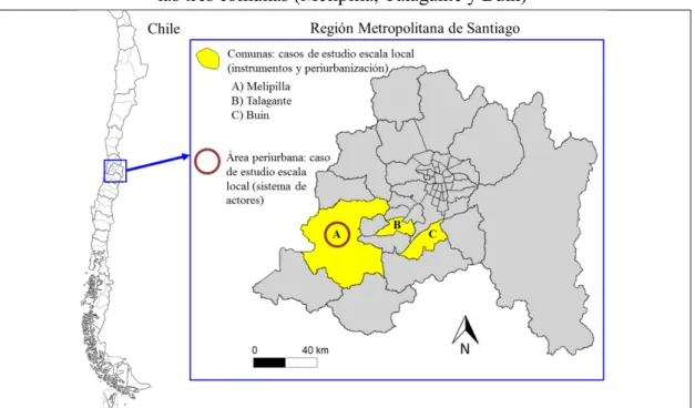 Figura 6. Área de estudio multiescalar: Chile, la Región Metropolitana de Santiago y  las tres comunas (Melipilla, Talagante y Buin) 