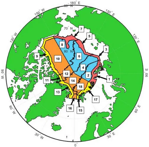 Figure 2-2: The AO partitioning scheme developed to examine AW properties. On the Eurasian side of each basin, circumpolar subbasins are colored red and mid subbasins are blue
