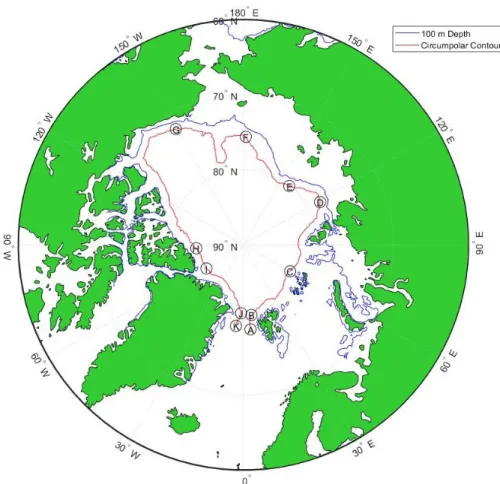 Figure 2-4: The Circumpolar Boundary Current contour is depicted in red which follows the subbasin boundaries depicted in Figure 2-2