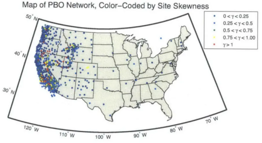 Figure  3-1:  The  PBO  Network  color-coded  by  station  skewness.  Red  sites  have  the highest  values  of skewness.