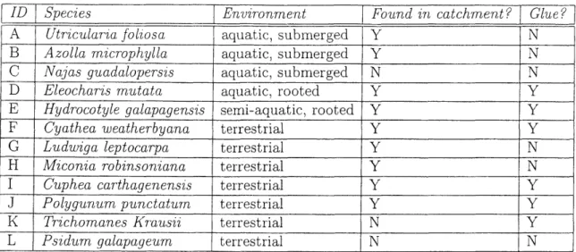Table  2.1:  Plant  samples  analyzed  listed  with  environmental  information  and  indica- indica-tion  of  glue  contaminaindica-tion.