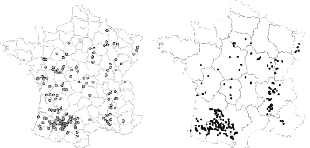 Figure : Localisation des parcelles de tournesol (à gauche) et de soja (à droite) considérées pour cette étude  