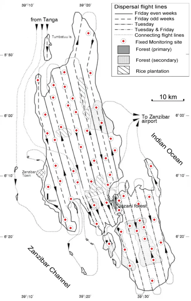 Figure 1. Flight lines and monitoring sites during the eradication campaign on the island of Unguja