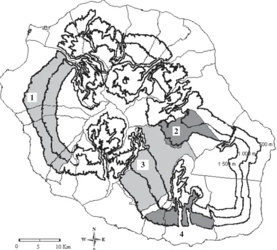 Fig. 1. Agro-climatic zones of Réunion. (1) Hauts de l ’ Ouest. (2) Plaine des Palmistes