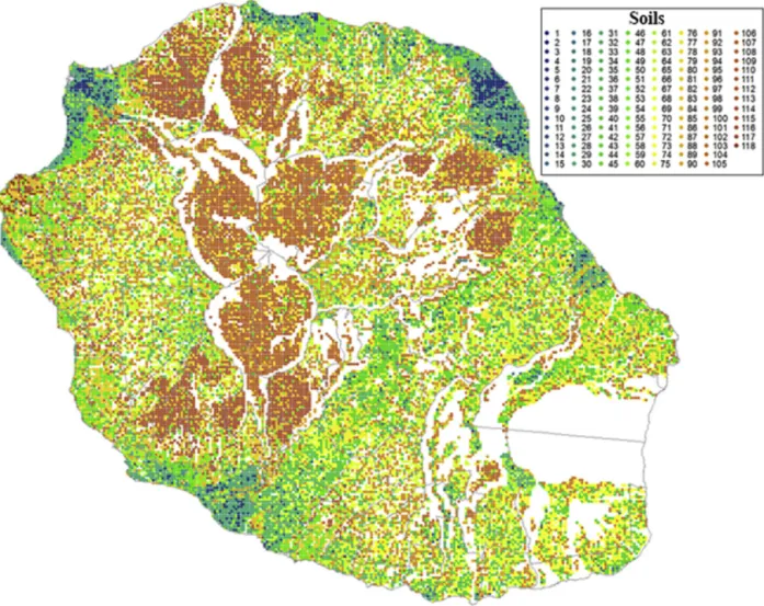 Fig. 4. Map representation of the 118 soils characterized by 6 variables: type of soil, depth, pH, organic matter, swelling clay and slope