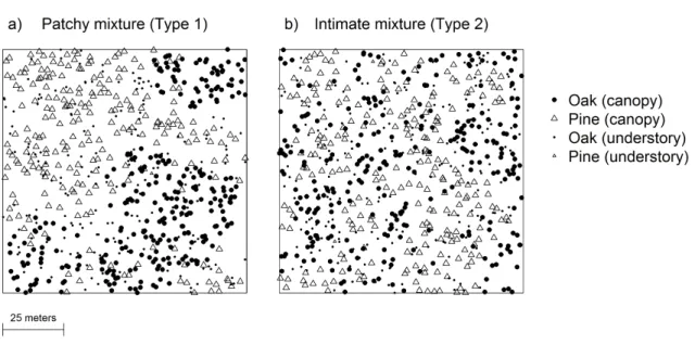 Fig. 1 a) Patchy mixture (Type 1) simulated with the point process models; b) Intimate  mixture (Type 2) simulated with the point process models