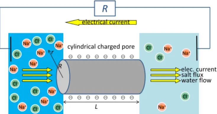 FIG. 1. Sketch of a charged cylindrical pore subjected to water flow, electrical current, and salt flux between a high-salinity (left) and low-salinity (right) reservoir.