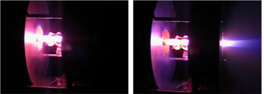 Figure 2-4: Operation with N 2 at 800 W of RF power: (left) - ICP mode with no externally-applied magnetic field, and (right) - Helicon mode with 20 A of magnet current, corresponding to an applied field of 1200 G.
