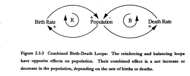 Figure  2.1-2  Death  Rate  Loop:  A  balancing  causal  loop  which  shows  that  as population  increases  the  death  rate  increases,  but  as  the  death  rate  increases, population  shows  a  corresponding  decrease  (a  - sign  signifies  a  change