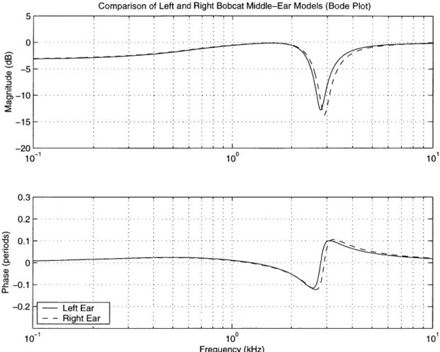 Figure 3.4:  Bode  Plots  of GCAV  for Left  and  Right Bobcat  Middle  Ears Bode  plots  of the magnitude  and phase of GCAV  for the left  and right  ears of a bobcat