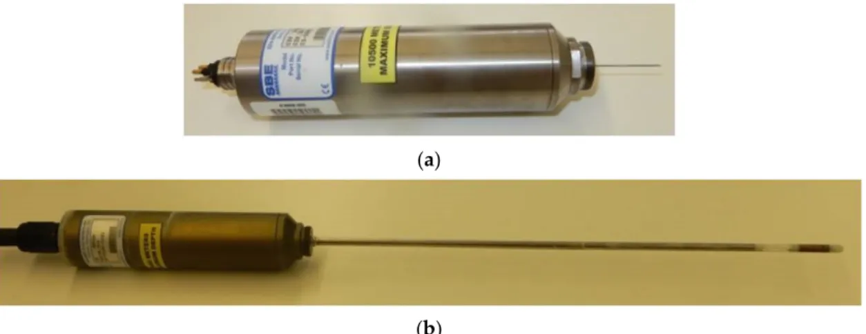 Figure 1. Deep-ocean thermometers from Sea-Bird Scientific — (a) SBE3, needle length 56 mm and (b) SBE35, stem length  465 mm