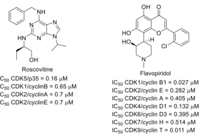 Figure 16. Structures of roscovitine and flavopiridol and inhibitory potencies toward CDKs.