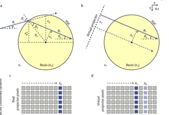 Fig. 2. a) Trajectory of a single ray R i exiting the projector at an angle φ with respect to the optical axis