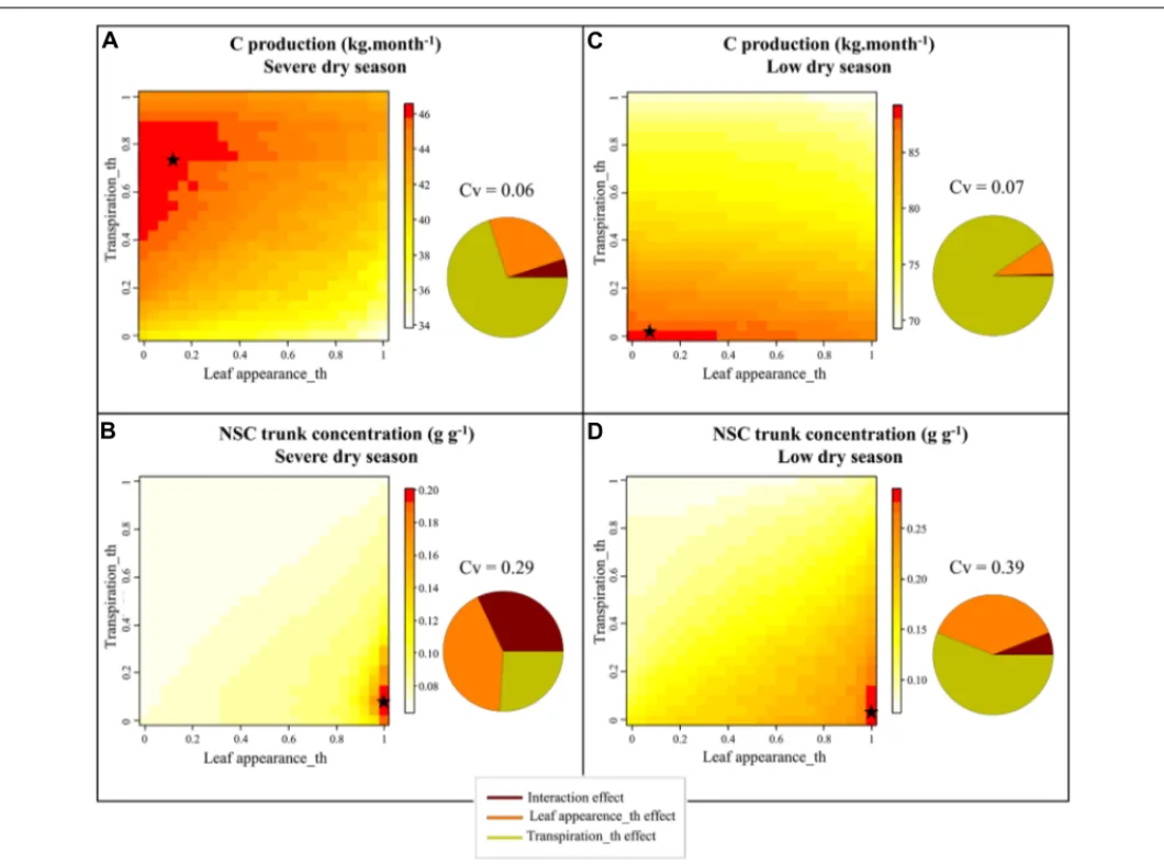 FIGURE 6 | Heatmap representation of the simulated values with X-Palm of C production (A,C) and of non-structural carbohydrate content in trunk (B,D) of oil palm for 50 × 50 combinations of transpiration and leaf appearance rates sensitivity to drought (Le