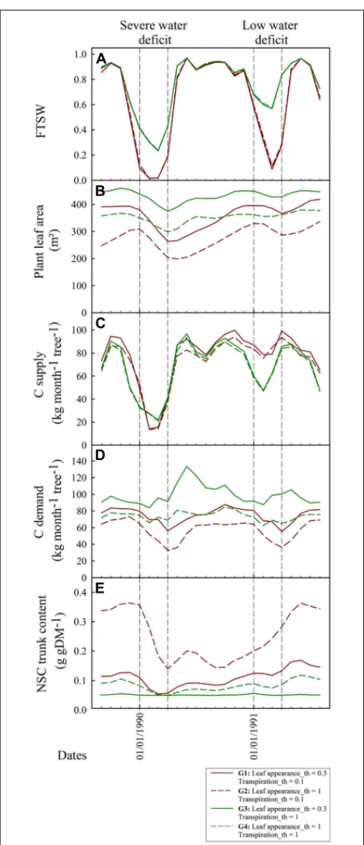 FIGURE 7 | Dynamical simulation with X-Palm of FTSW (A), total plant leaf area [m 2 , (B)], monthly carbohydrate supply per tree [kg CH 2 O tree -1 month -1 , (C)], monthly carbohydrate demand per tree [kg CH 2 O tree -1 month -1 , (D)], and non-structural