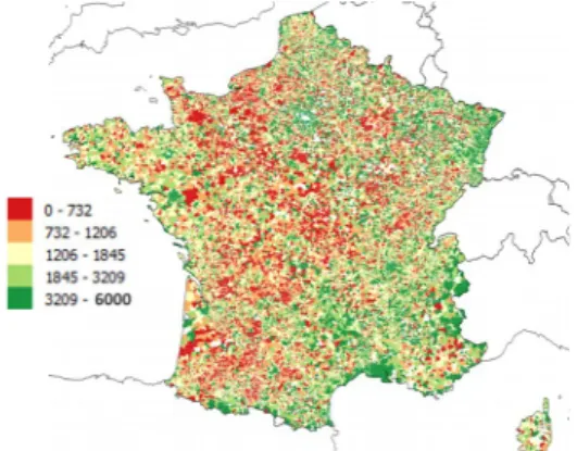 Figure   5   –  Indicateur   indirect   de   densité   bâtie   des   nouvelles constructions, par commune entre 2007 et 2015 (m² de plancher par ha de terrain artificialisé)