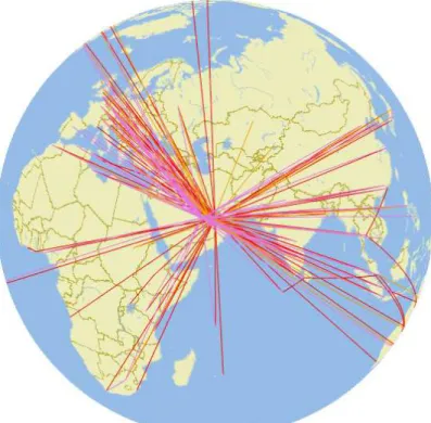 Figure 2.3.1. Route maps over 1500 miles for three largest Gulf carriers: Emirates (red), Etihad  Airways (yellow), and Qatar Airways (pink)