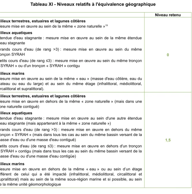 Tableau XI - Niveaux relatifs à l'équivalence géographique