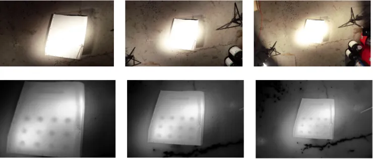 Figure 9. Frames extracted from optical video (top) and corresponding thermal video (bottom) at increasing UAV heights  of 1.5 m, 2 m, and 3 m (from left to right, respectively) during active thermography inspection experiment