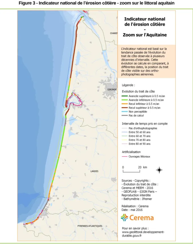 Figure 3 - Indicateur  national de l’érosion côtière - zoom sur le littoral aquitain 