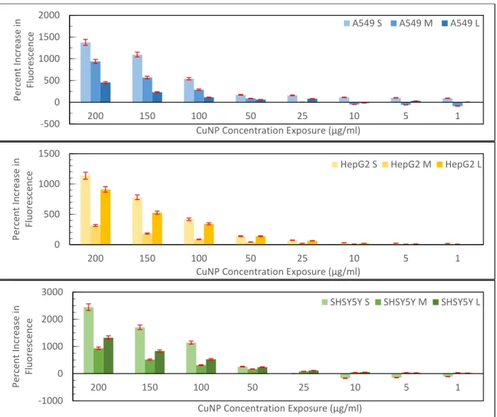 Figure 6. DCFDA results measured for all three nanoparticle sizes in three different cell lines across eight  concentrations